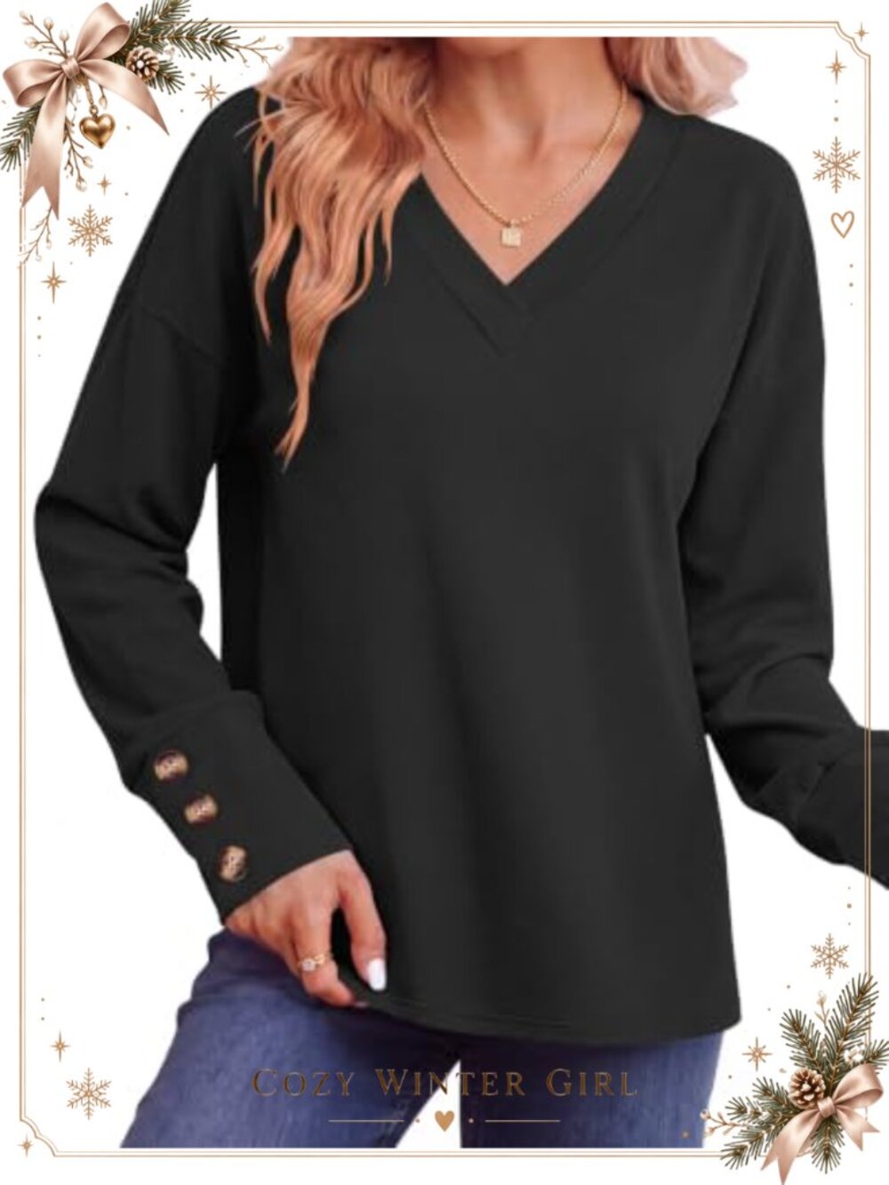 Womens V Neck Pullover Top Long Sleeve Sweatshirt Loose Fit